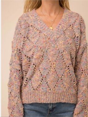 Hem & Thread Lavender Speckled V-Neck Knit Sweater
